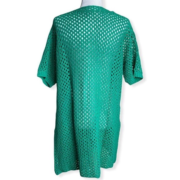 Jessica London Green Open Knit Crochet Short Sleeve Cardigan Sz 12 - Picture 8 of 8